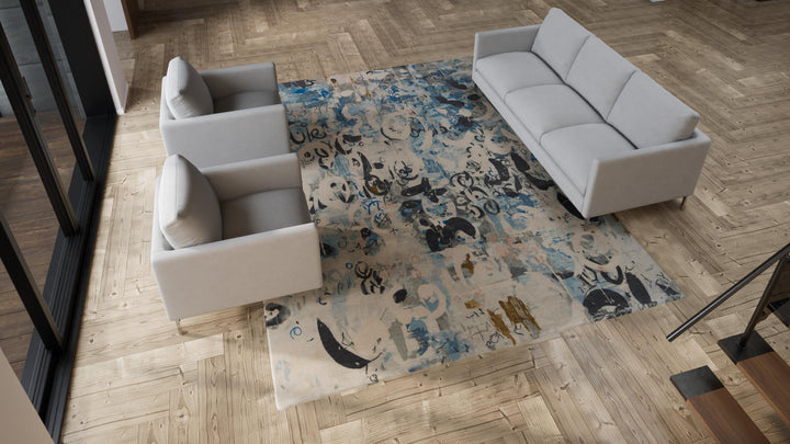 Blue Aurora Tibetan Contemporary Wool Silk Blend Rug - 9' x 12'