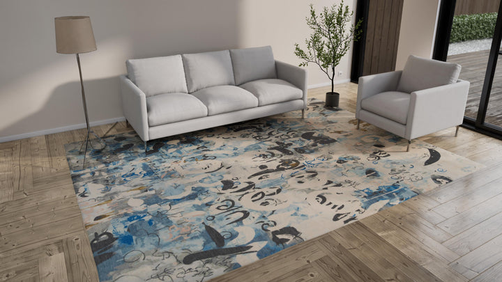 Blue Aurora Tibetan Contemporary Wool Silk Blend Rug - 9' x 12'