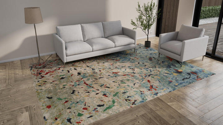 Multicolored Aurora Tibetan Contemporary Wool & Silk Rug - 9' x 12'