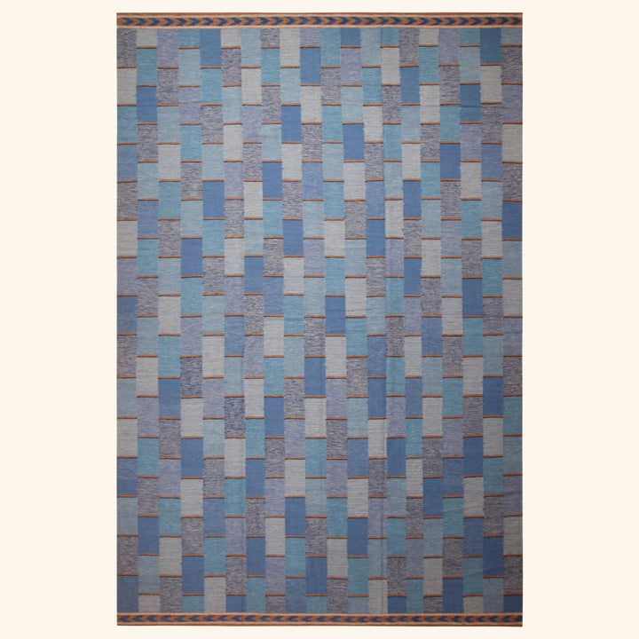 Blue Geometric Swedish Style Wool Kilim Rug - 11'8" x 17'10"