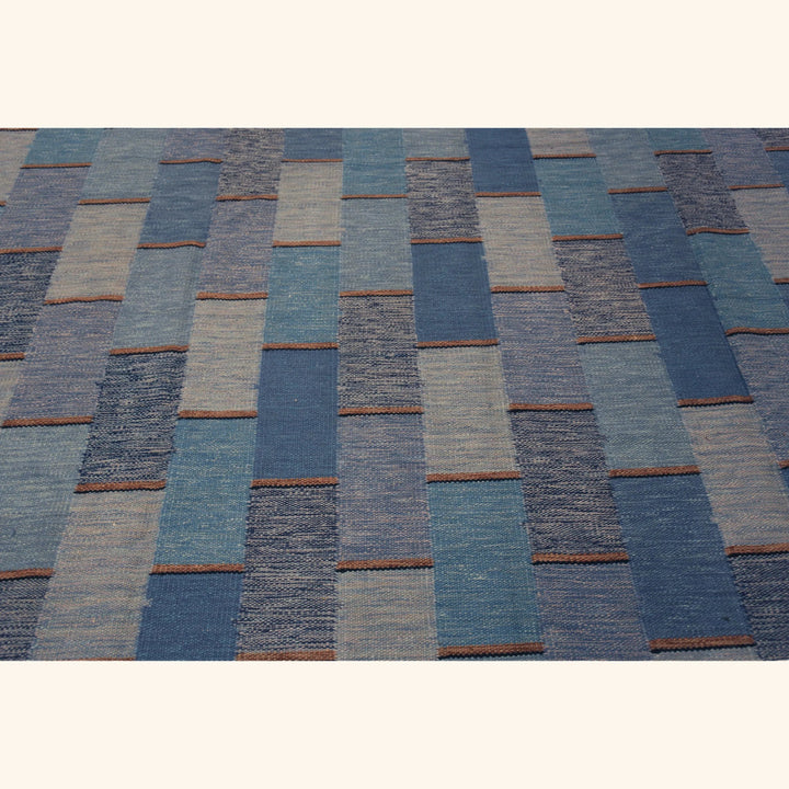 Blue Geometric Swedish Style Wool Kilim Rug - 11'8" x 17'10"