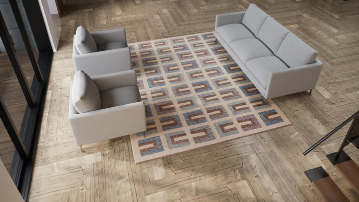 Blue and Natural Swedish Style Wool Kilim Rug - 8' x 10'3"