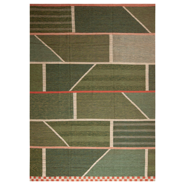 Green Geometric Swedish Style Wool Kilim Rug - 10' x 13'10"