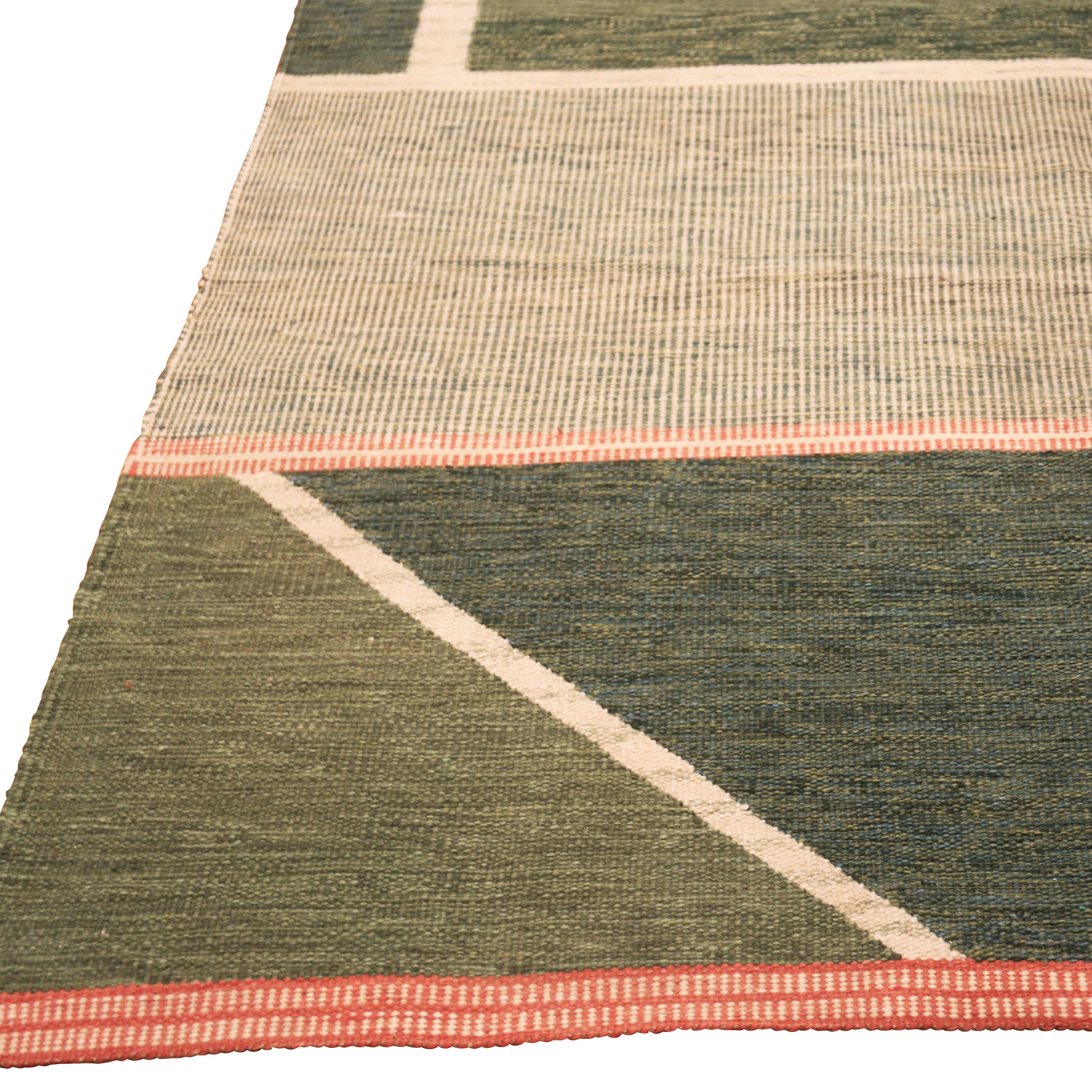 Green Geometric Swedish Style Wool Kilim Rug - 10' x 13'10"