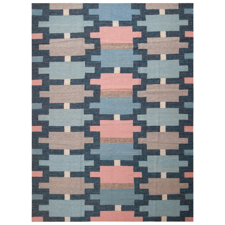 Pink and Blue Geometric Swedish Wool Kilim - 9'3" x 12'3"