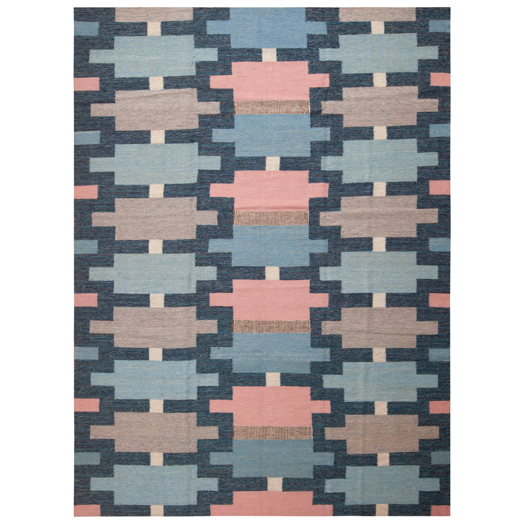 Pink and Blue Geometric Swedish Wool Kilim - 9'3" x 12'3"