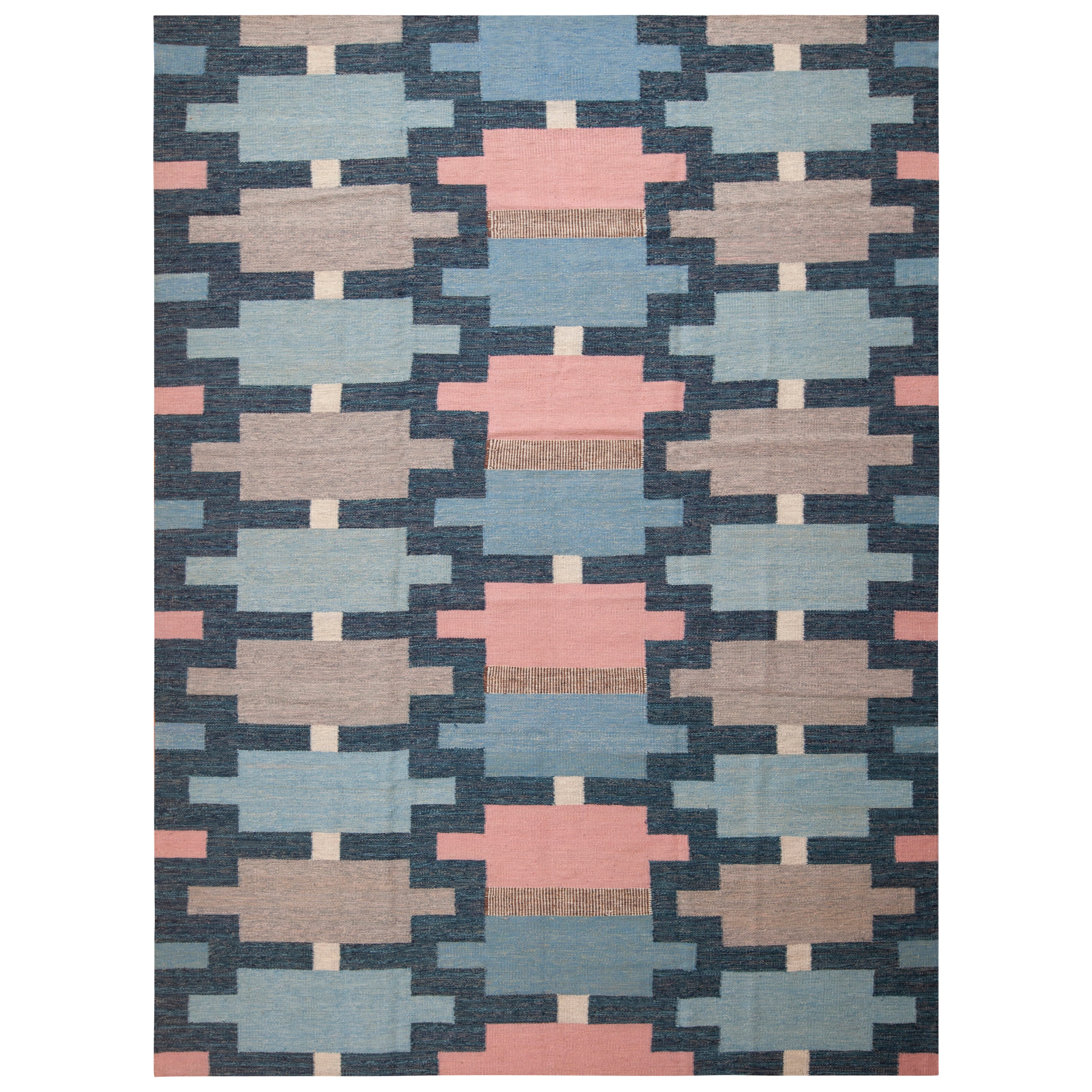 Pink and Blue Geometric Swedish Wool Kilim - 9'3" x 12'3"
