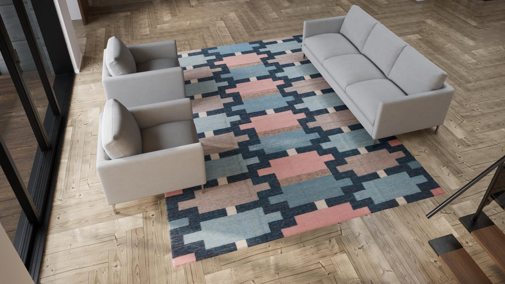 Pink & Blue Geometric Swedish Wool Kilim - 9'3" x 12'3"