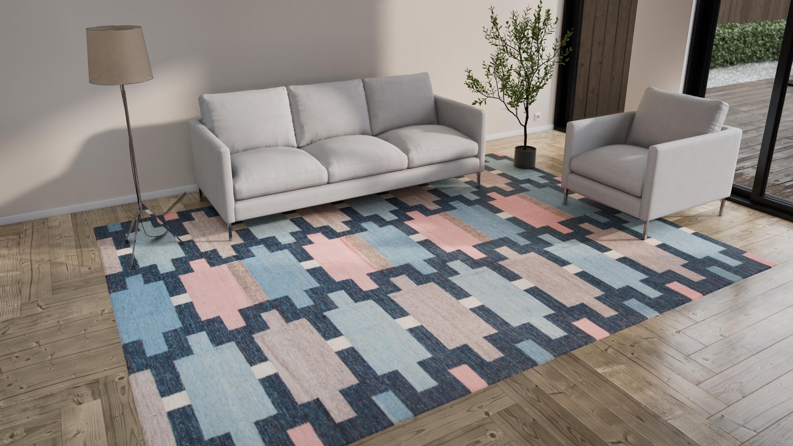 Pink & Blue Geometric Swedish Wool Kilim - 9'3" x 12'3"