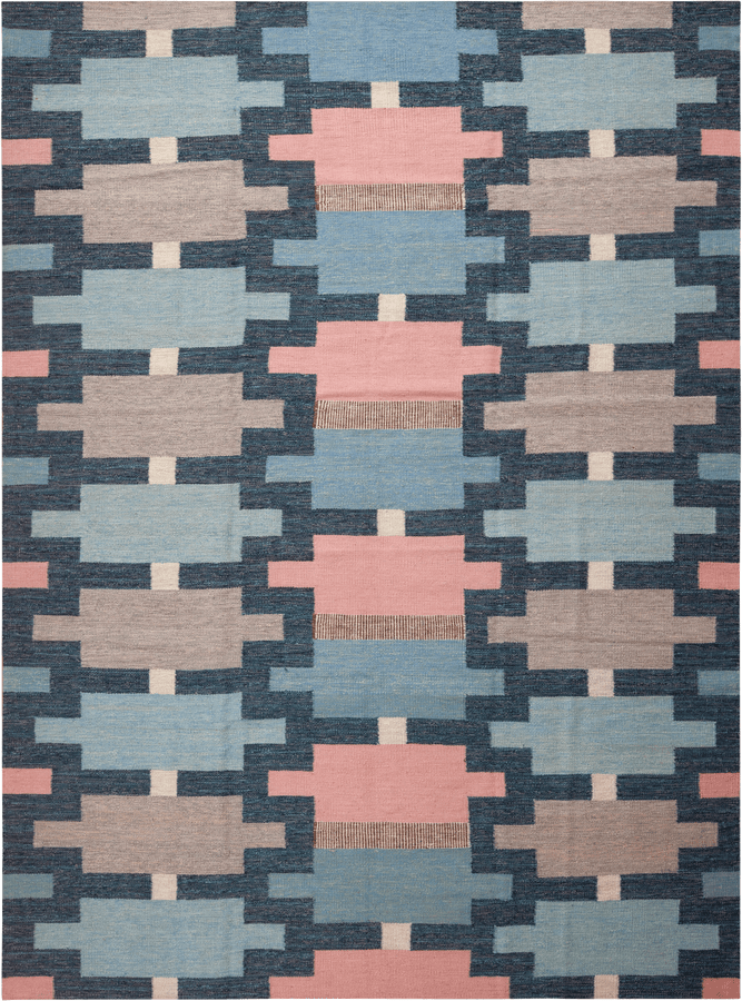 Pink & Blue Geometric Swedish Wool Kilim - 9'3