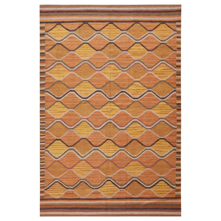 Orange Geometric Swedish Style Wool Kilim Rug - 6'3" x 9'4"