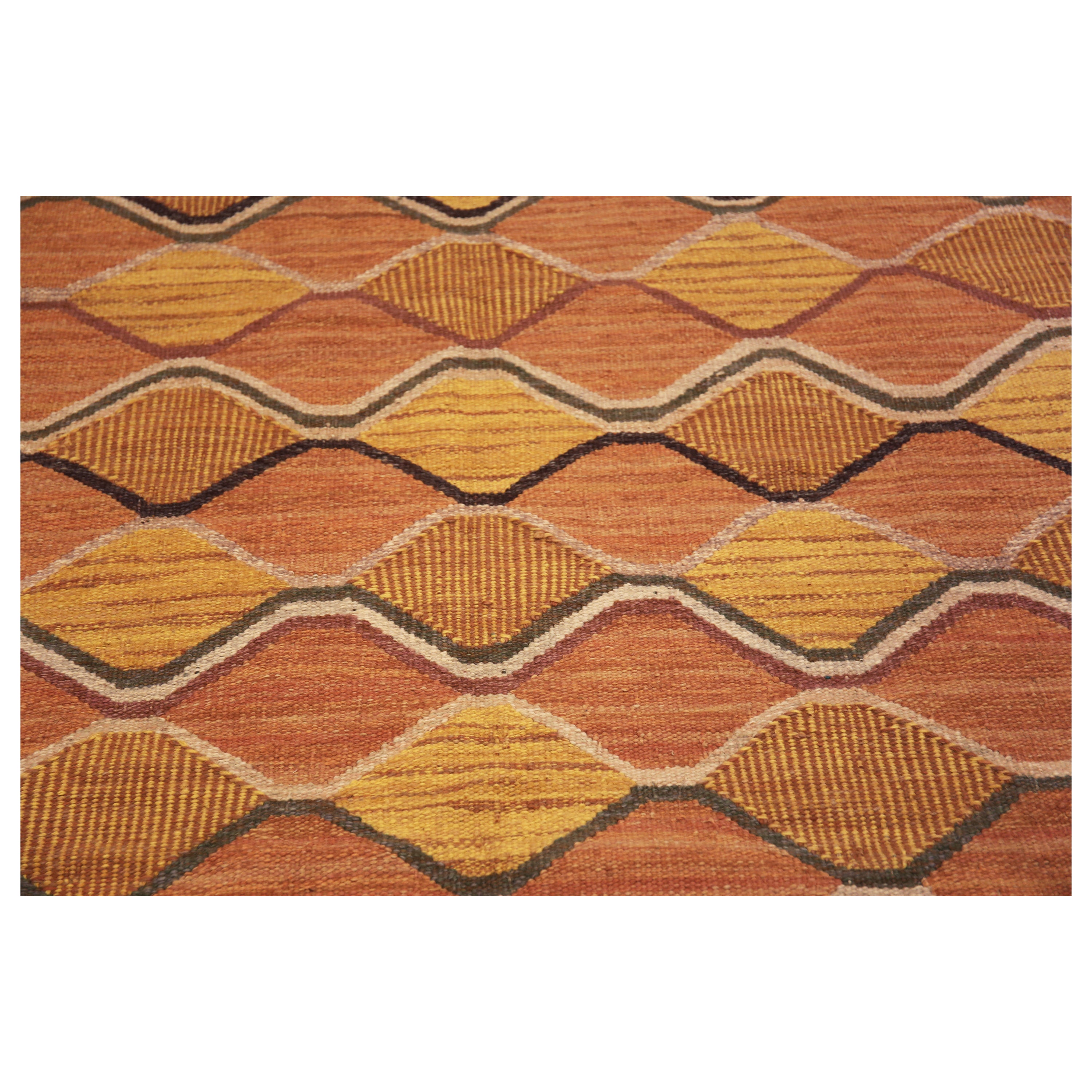 Orange Geometric Swedish Style Wool Kilim Rug - 6'3" x 9'4"