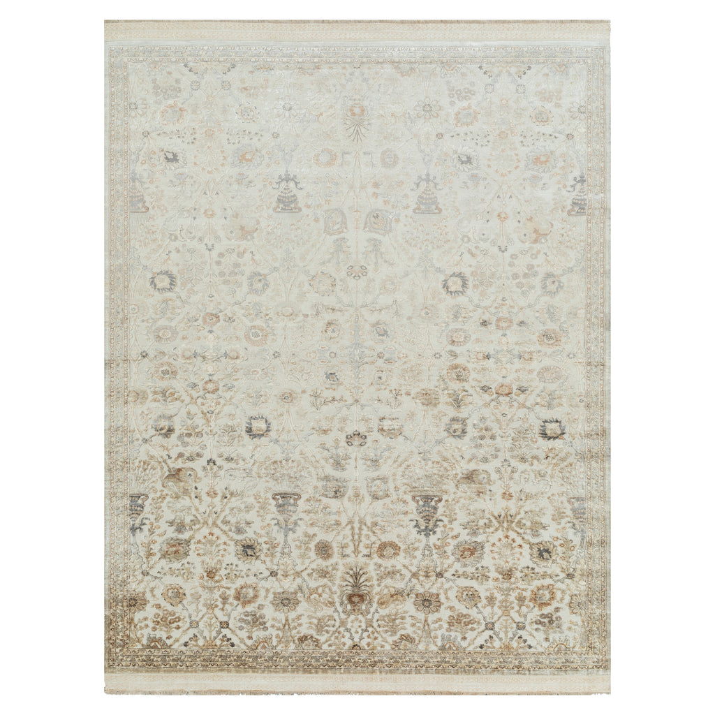 Cream and Taupe Transitional Silk Rug - 9' x 12'5"