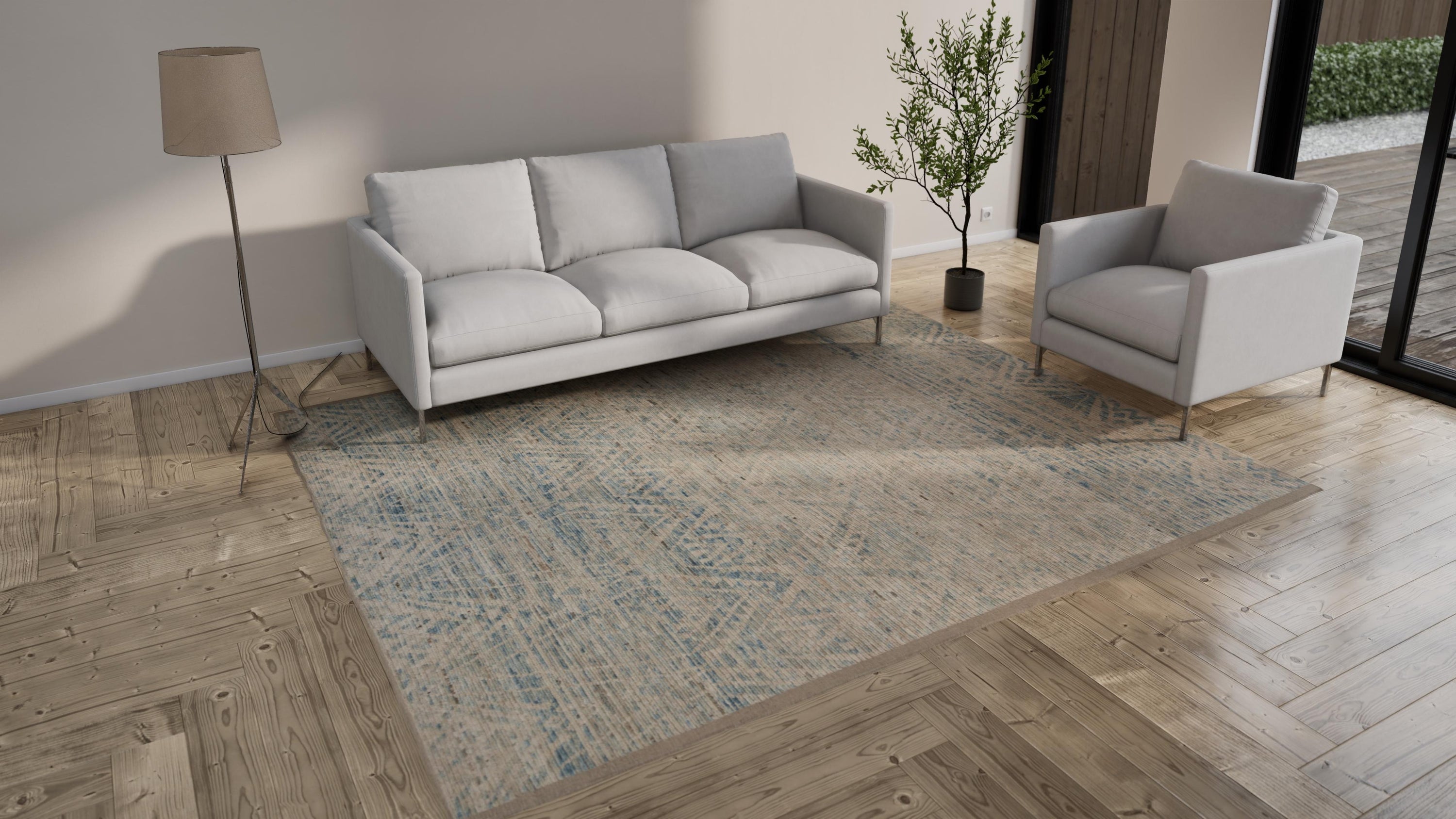 Blue & Grey Zameen Geometric Transitional Wool Rug - 8'4" x 10'