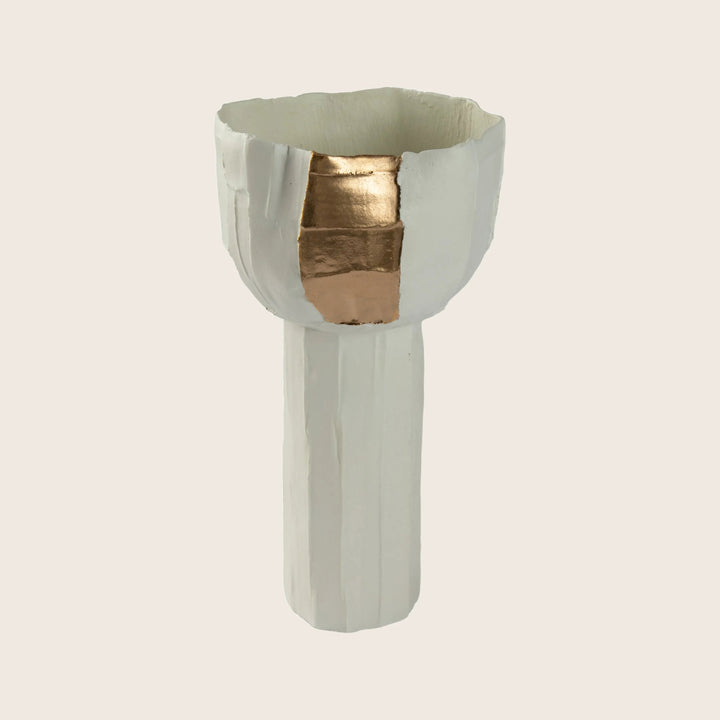 Handcrafted vase sculpture with kintsugi-inspired golden repair detail.