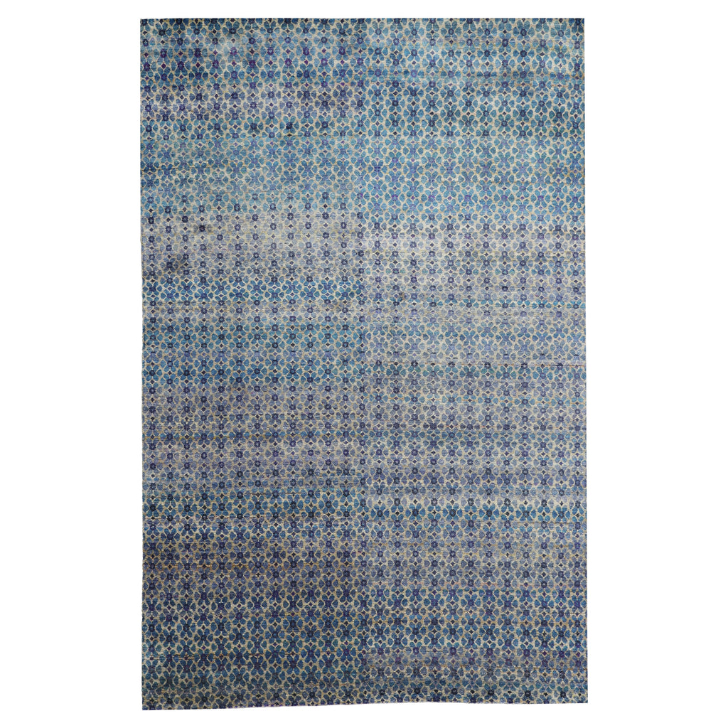 Blue and Purple Geometric Alchemy Silk Rug - 5'10" x 9'1"