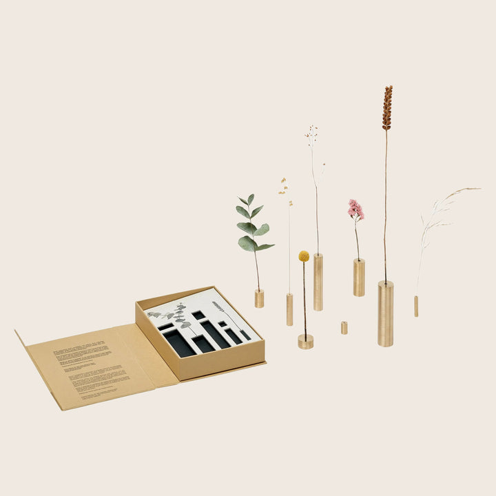 Minimalist botanical display with wooden vases and various flora elements.