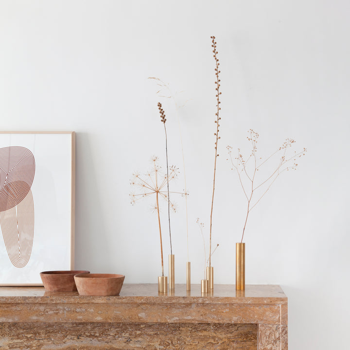 Minimalist interior with brass vases, dried plants, abstract art.