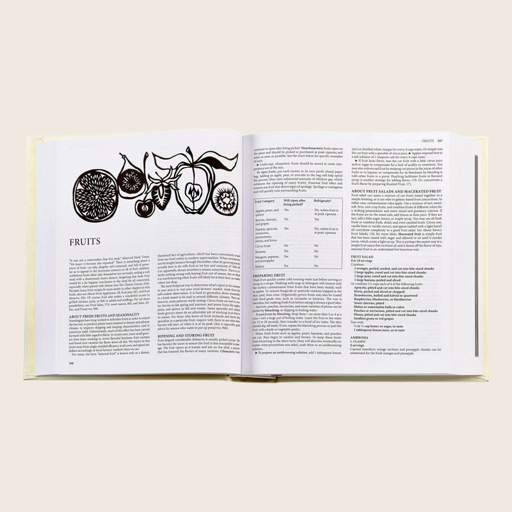 Open book showcasing fruit-related content and recipes, educational cookbook.