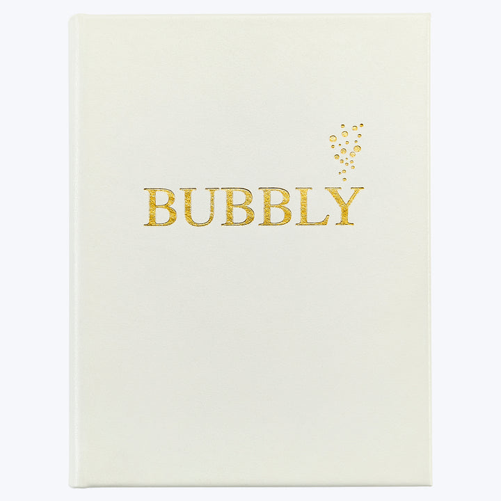 Minimalistic journal cover with 'BUBBLY' in gold, bubble accents.
