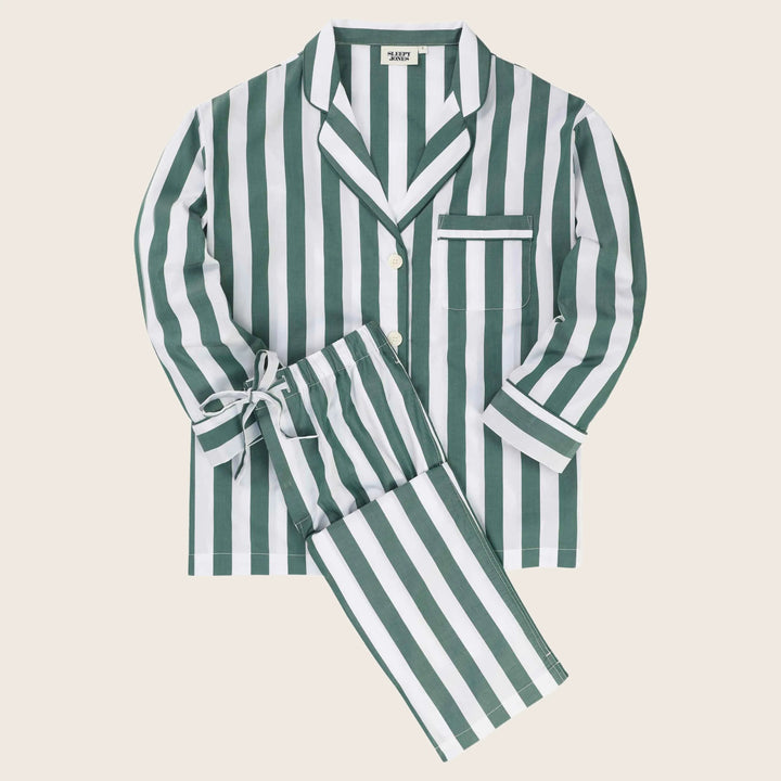 Marina Pajama Set in Green & White Tent Stripe S