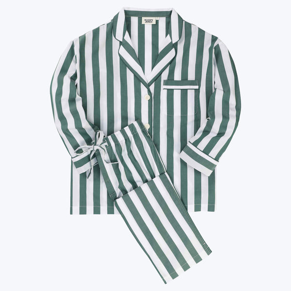 Marina Pajama Set in Green & White Tent Stripe S