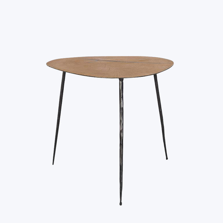 Round wooden table with metal legs in minimalist industrial style
