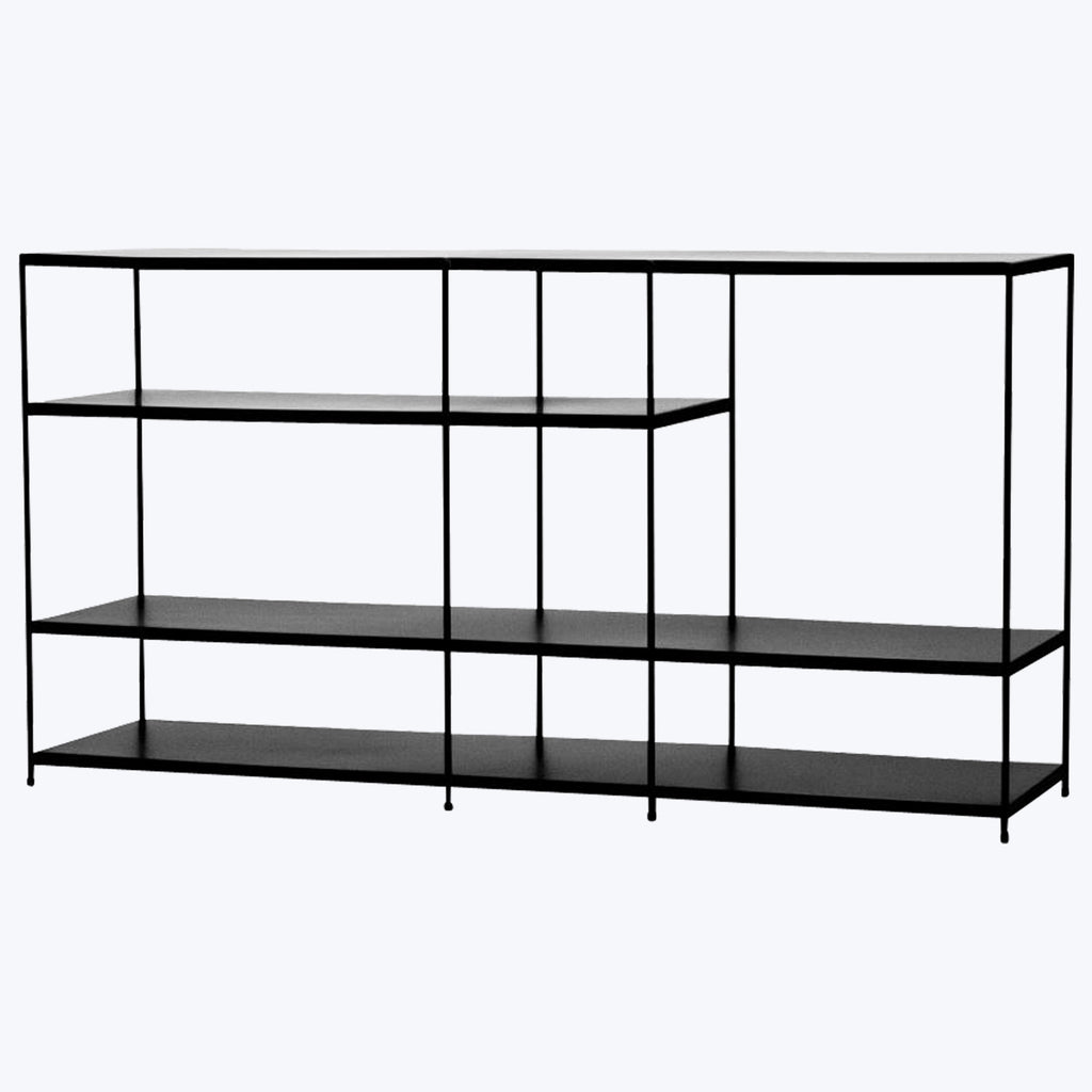 Modern-style shelving unit with dark wood shelves and black frame.