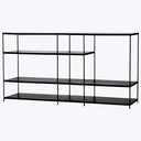 Modern-style shelving unit with dark wood shelves and black frame.