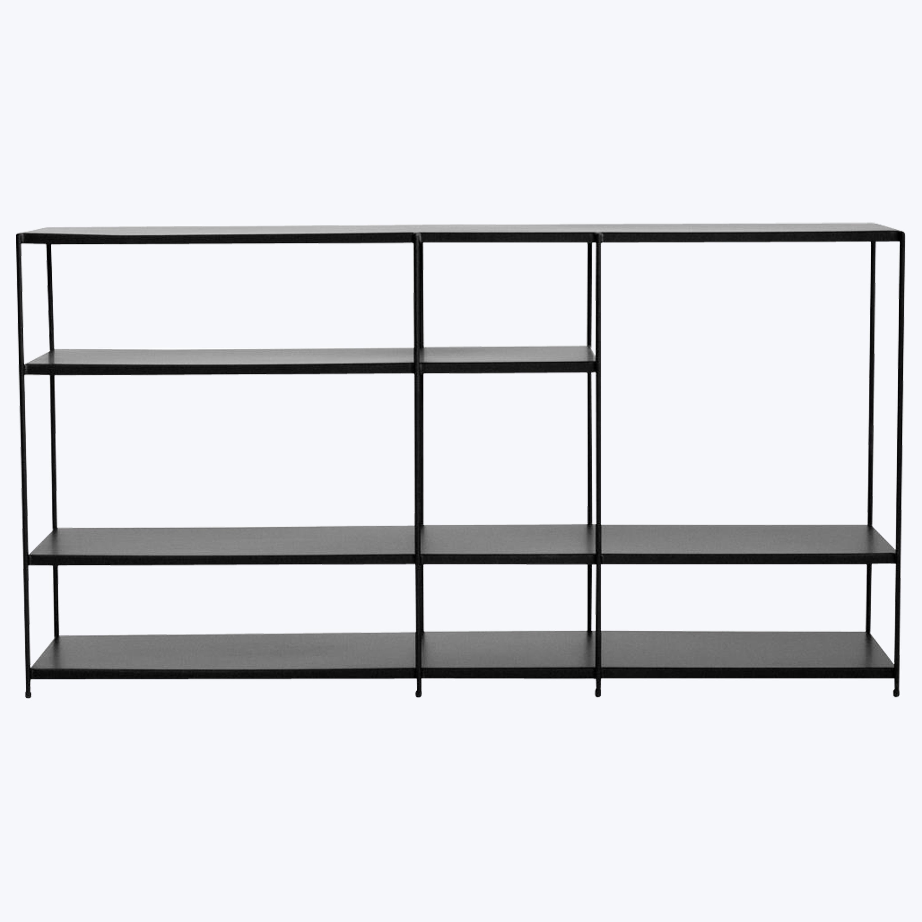 Modern black metal shelving unit with staggered design, minimalist style