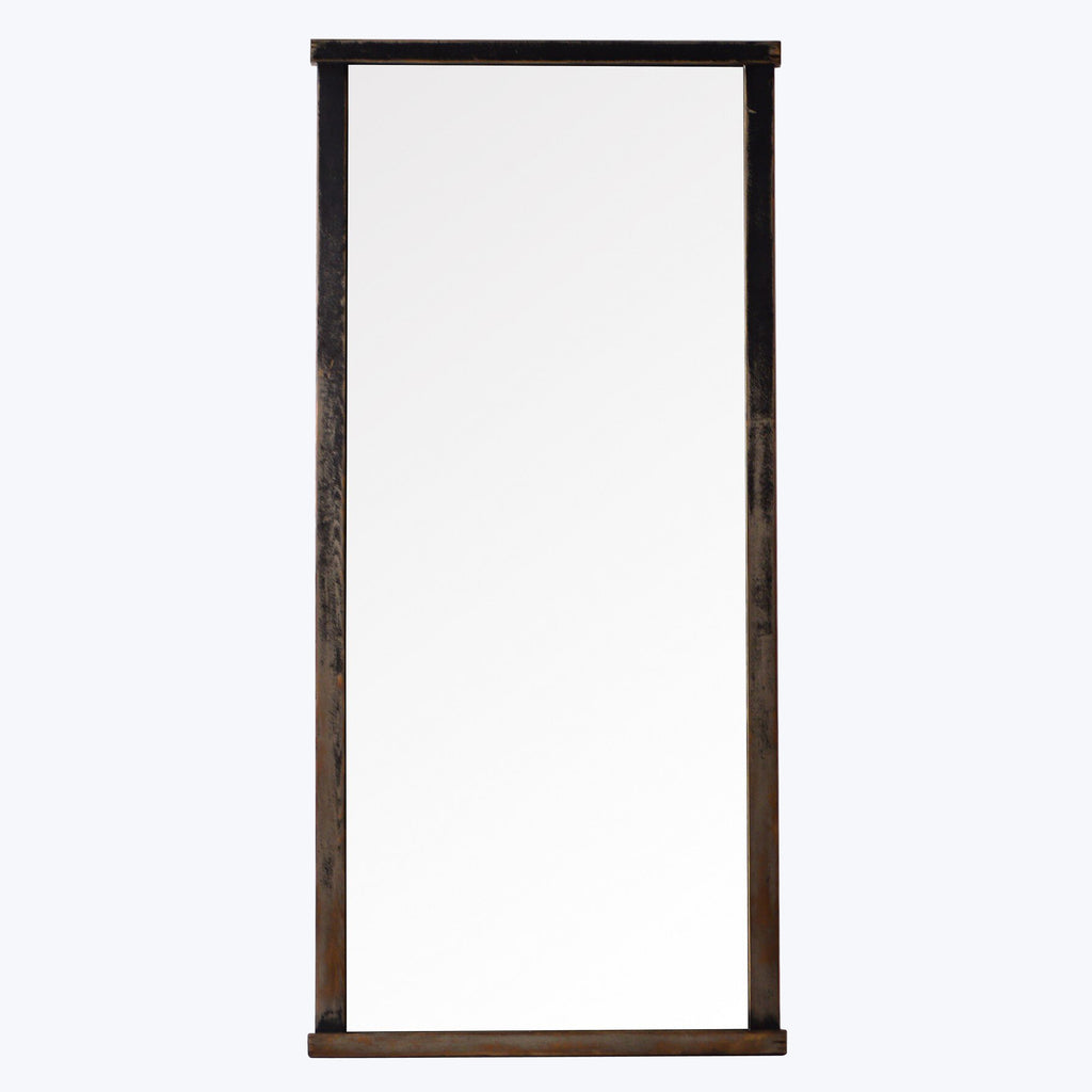 Minimalist rectangular mirror with dark metal frame, industrial/rustic aesthetic.