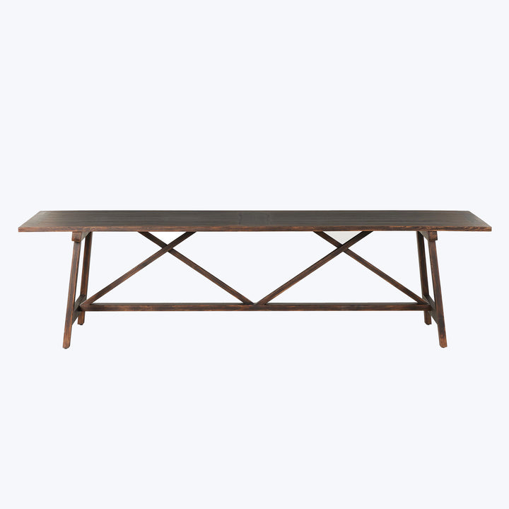 Rectangular wooden coffee table with X-shaped legs in rustic style.