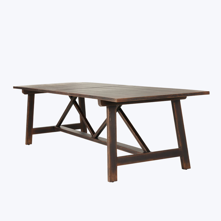 Rectangular wooden dining table with plank-style design and elegant finish.