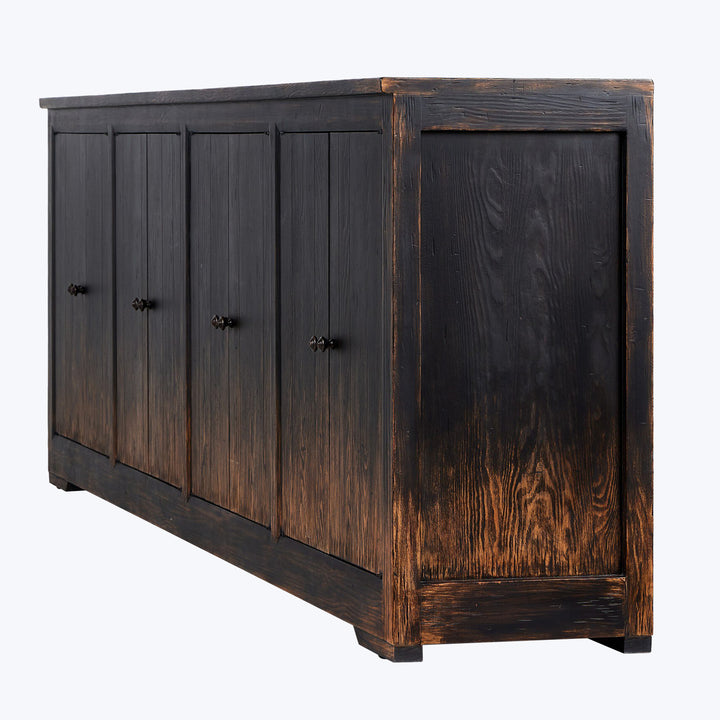 Large, dark stained wooden sideboard with classic round metal knobs.