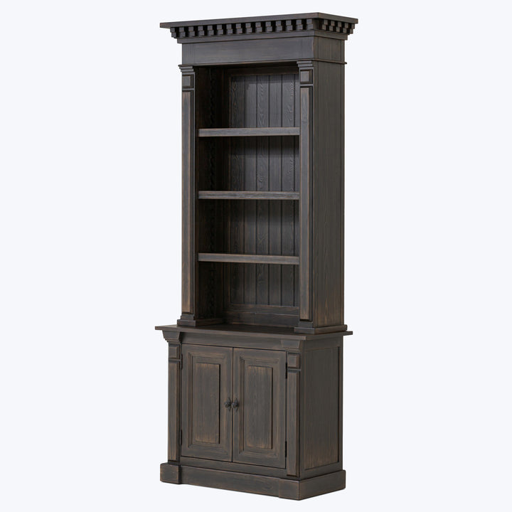 Traditional wooden hutch with dark stain finish, classic design details.