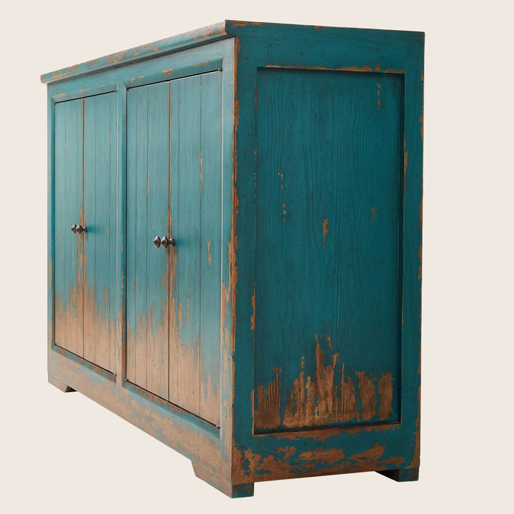 Vintage turquoise blue distressed wooden cupboard with metallic knobs, rustic charm
