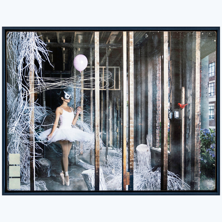 Intriguing mixed media artwork featuring ballet dancer, urban setting, nature.
