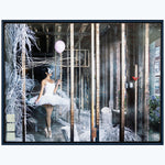 Intriguing mixed media artwork featuring ballet dancer, urban setting, nature.