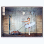 Surreal ballet dancer in blindfold leads fox, whimsical balloon floats.