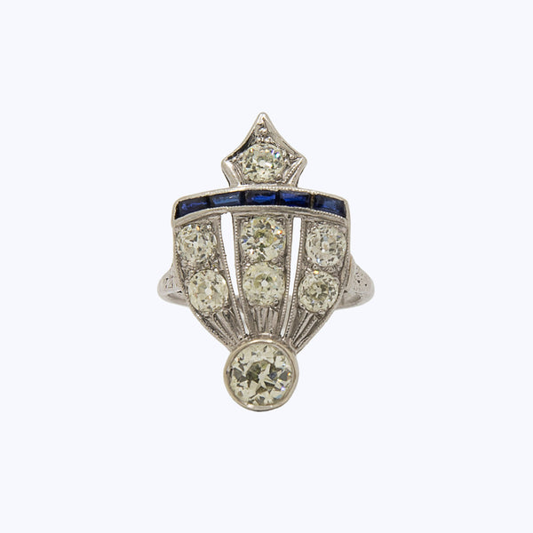 Diamond and Sapphire Vintage Deco Shield Ring