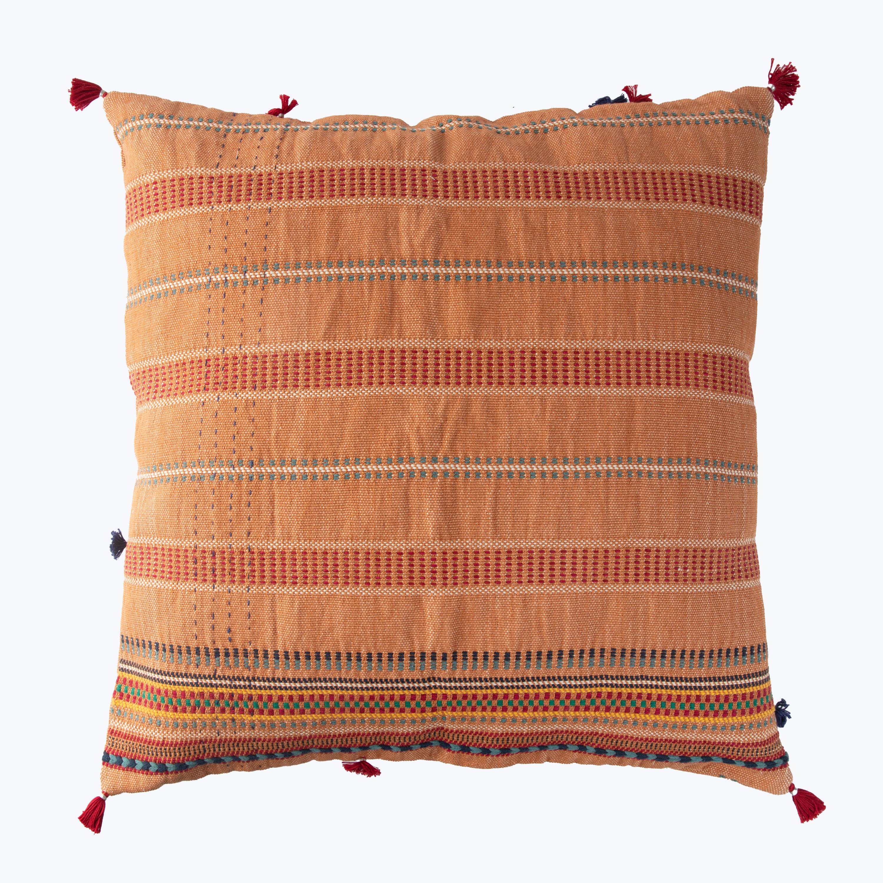 Decorative pillow with textured fabric, tassels in earthy tones design.