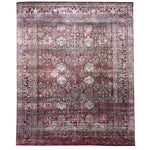 Intricate red-hued carpet with floral and geometric motifs displayed flat.