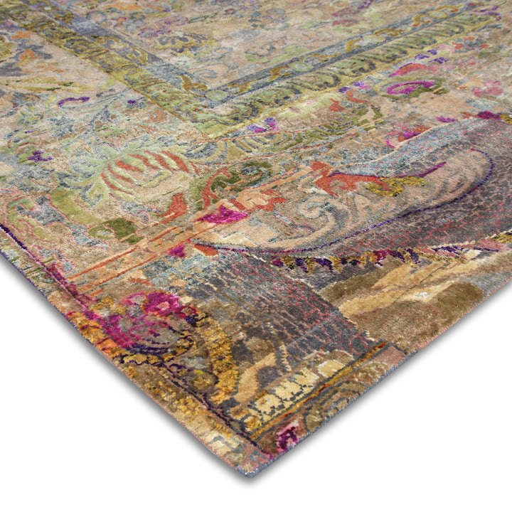 Close-up of intricately designed multicolored vintage rug with floral motifs