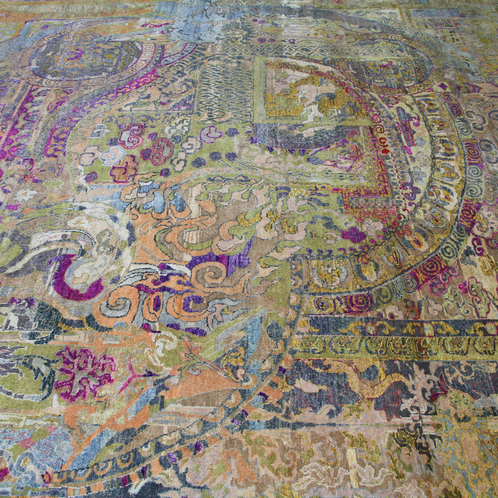 Intricate ancient mosaic floor with faded but vibrant colors, detailed design.