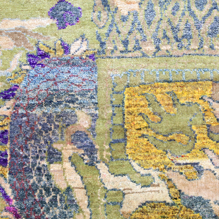 Intricate colorful rug or tapestry with geometric and floral motifs.