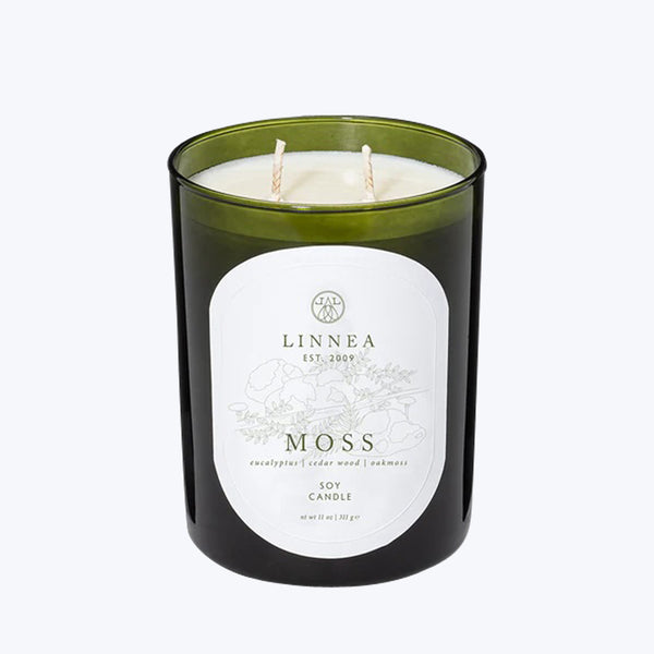 LINNEA soy scented candle in MOSS, eucalyptus, cedarwood, oakmoss fragrance.