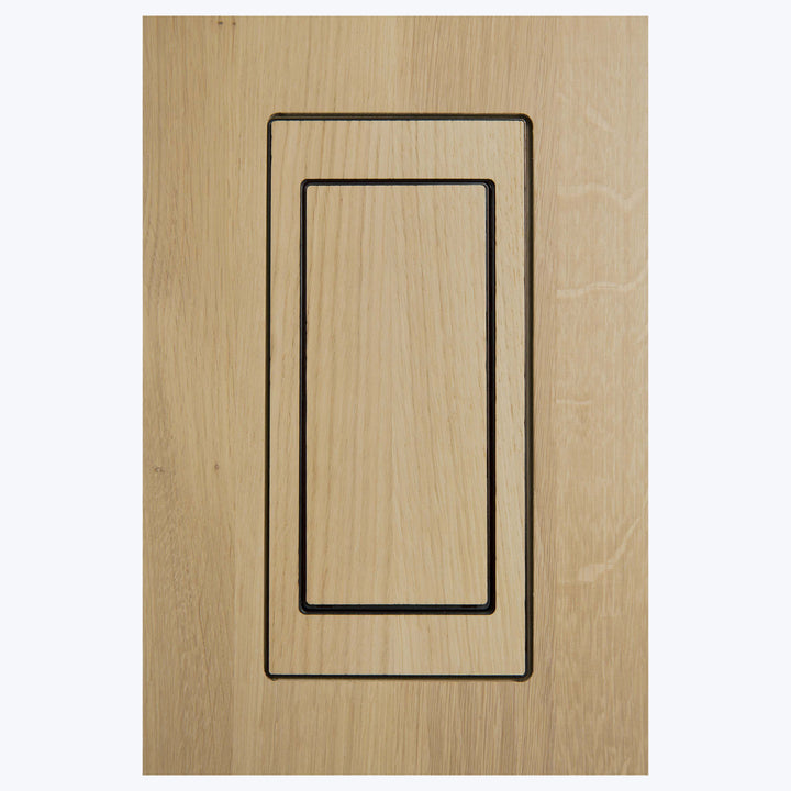 Wooden surface with rectangular inlaid design for decorative effect.