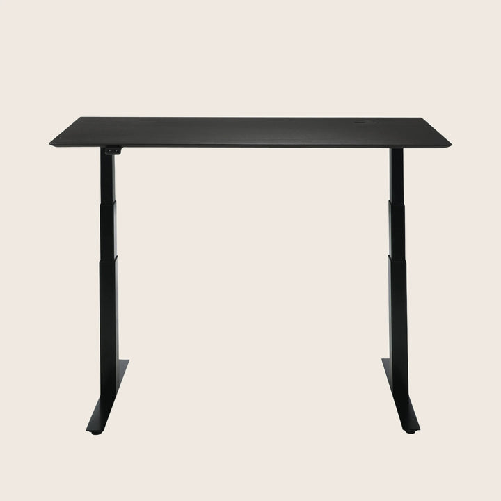 Height-adjustable standing desk for ergonomic office use, white background.
