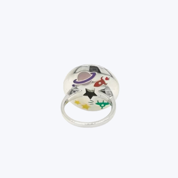 Colorful celestial-inspired ring with abstract shapes on silver band.