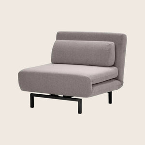 Modern armless chair with minimalist design and light grey upholstery.